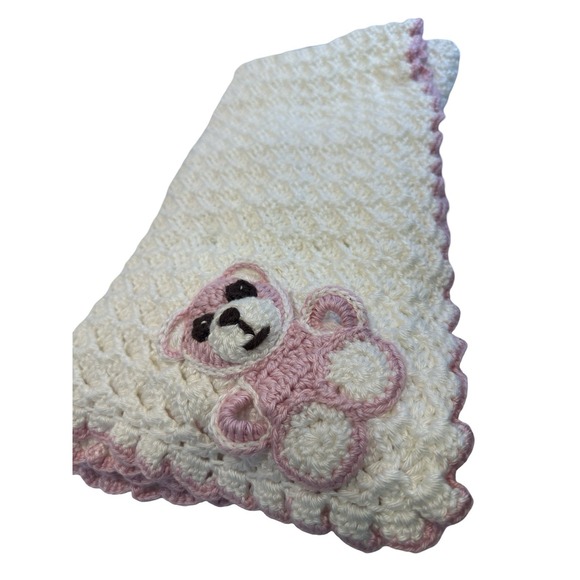 Handmade Other - Vintage Handmade CROCHET AFGHAN BABY BLANKET Cream Pink Border 38"X 42" Bear‎